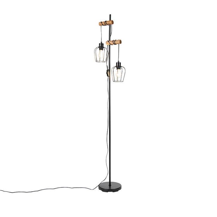 Landelijke vloerlamp zwart met hout 2-lichts - Stronk, Huis en Inrichting, Lampen | Vloerlampen, Nieuw, Verzenden