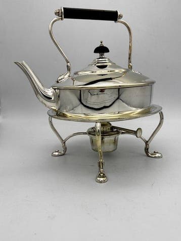 Antique Silver-Plated Tea Kettle on Stand with Warmer -