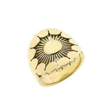 Gouden zegelring met zonnestraal motief, 18 tot 19, Gebruikt, Ophalen of Verzenden, Dame of Heer