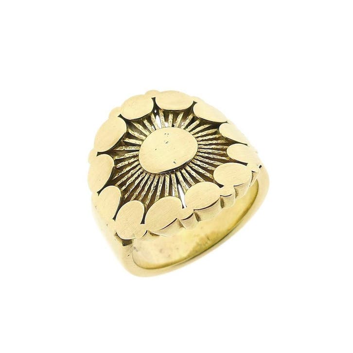 Gouden zegelring met zonnestraal motief, Sieraden, Tassen en Uiterlijk, Ringen, Dame of Heer, Goud, 18 tot 19, Gebruikt, Goud