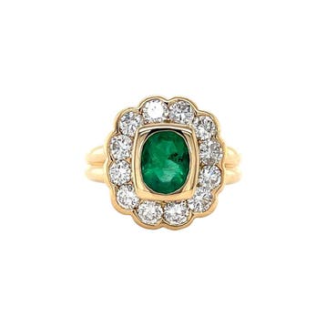 Gouden vintage entourage ring met smaragd en diamant 18 krt, Ophalen of Verzenden, Nieuw