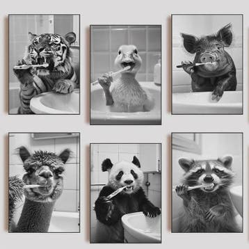 Grappige Poster Set: Zwart-Wit Dieren Poetsen Tanden - Canva