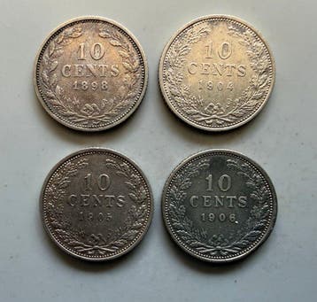 Nederland. Wilhelmina. 10 cent 1898, 1904, 1905 en 1906, Postzegels en Munten, Munten | Nederland