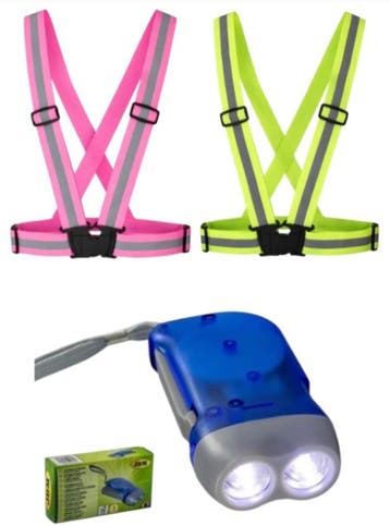 1x veiligheidriem vest geel + 1x roze + 1x  knijpkat-zaklamp, Nieuw