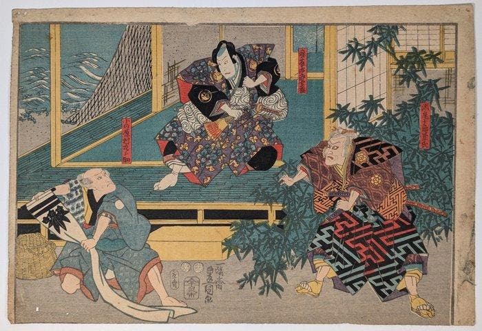 Kunisada • Het boerderijtje aan het Biwameer • Zeldzaam •, Antiek en Kunst, Antiek | Overige Antiek