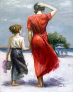 P. Santini (XX) - Coup de vent au bord de Mer - Promenade, Antiek en Kunst, Kunst | Schilderijen | Klassiek