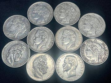 Frankrijk. 5 Francs 1847/1870 (lot de 10 monnaies en argent)