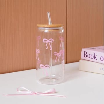 Glazen Beker met Strik Print Deksel en Rietje Drinkglas, Verzenden