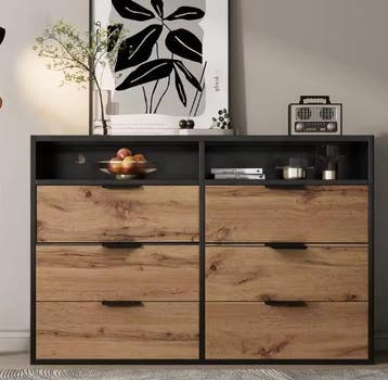 Modern glazen dressoir met 6 lades en open vakken, Verzenden, Nieuw