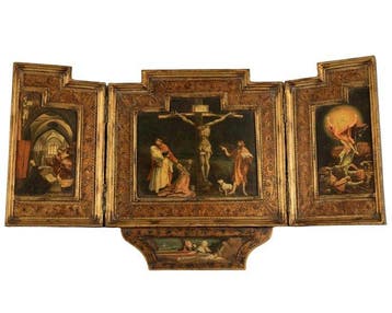 Drieluik - Hout - 1850-1900 - De Kruisiging, Antiek en Kunst