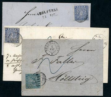 Baden 1860 - 3 enkele frankeringen 3 Kr blauw op 2 brieven +, Gestempeld