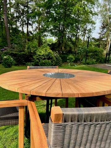Ronde tuintafel | Teakhout | Natuursteen | 120cm doorsnee |, Ophalen of Verzenden, Nieuw, Rond, Teakhout