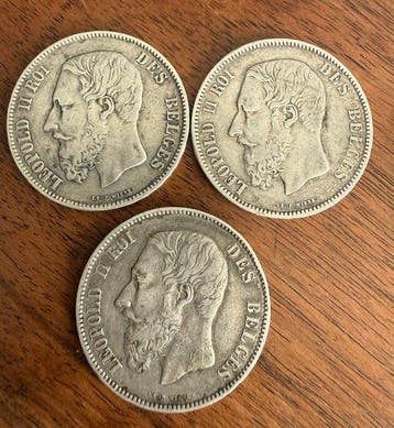 België. Leopold II. 5 Francs Lot 3 x (Zonder minimumprijs)
