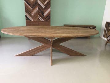 Teak eettafel ovaal met kruispoot, alle maten op voorraad, Huis en Inrichting, Tafels | Eettafels, Teakhout, Vijf personen of meer