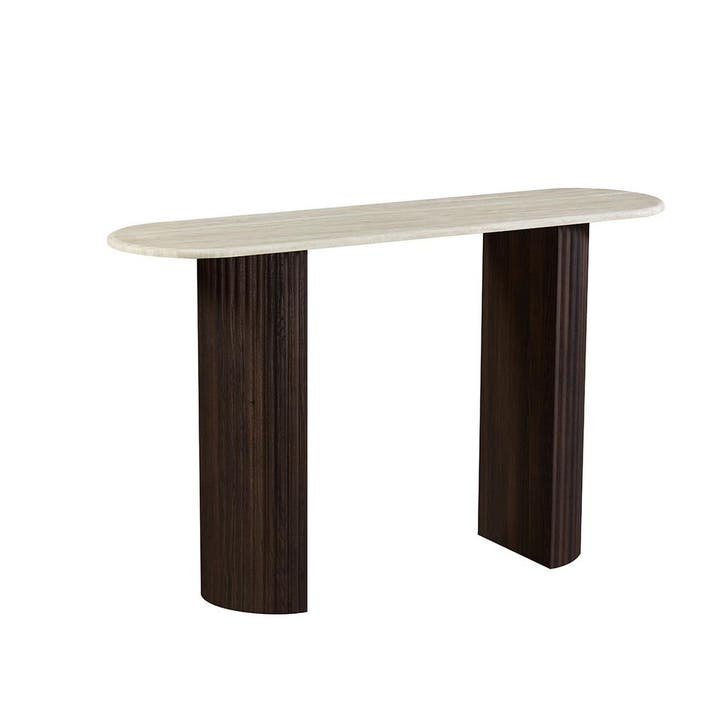 *WOONWINKEL* Ovale Sidetable Travertin En Walnoot, Huis en Inrichting, Tafels | Sidetables, Nieuw, Verzenden
