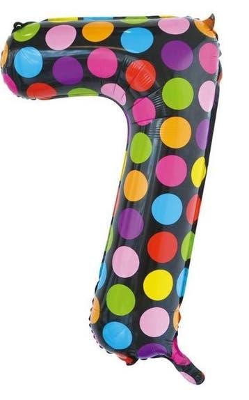 Folie Ballon Cijfer 7 gekleurd stippen 86 cm, Verzenden, Nieuw, Feestartikel, Verjaardag