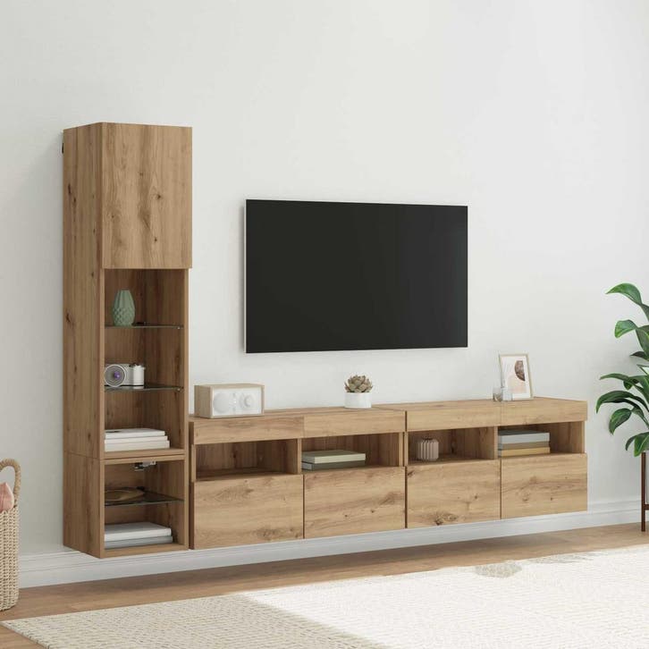 vidaXL TV-wandmeubel met LED 4 pcs Artisan Eiken Bewerkt, Huis en Inrichting, Kasten | Televisiemeubels, Nieuw, Minder dan 50 cm