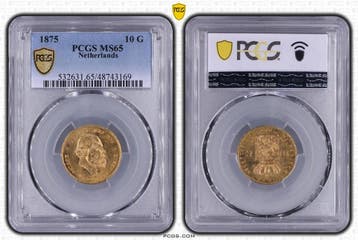Gouden Willem III 10 gulden 1875 MS65 PCGS gecertificeerd, Koning Willem III, Verzenden, Goud, Losse munt