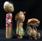 Set van 3 / Japanse vintage houten kokeshi-poppen (Hoogte: