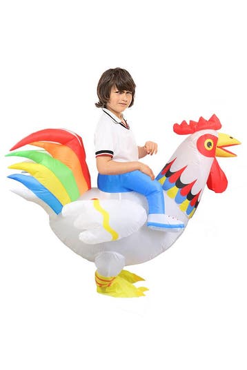 KIMU® Opblaas Kostuum Kinderen Zittend op Kip Wit Regenboog, Ophalen of Verzenden, Nieuw