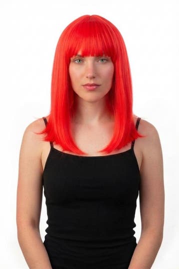 KIMU® Luxe Rode Pruik Schouderlengte Haarwerk Stijl Pony Rod, Kleding | Dames, Ophalen of Verzenden, Nieuw, Carnaval