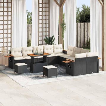 vidaXL Tuinbankenset 17 st 10-zits Zwart en Crème poly, Verzenden, Nieuw, 7 zitplaatsen
