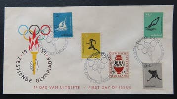 Nederland 1956 - FDC E26, Olympiadezegels - met attest H., Gestempeld