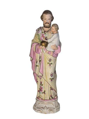 Beeld, Gesigneerde Sint Jozef met kind - 39 cm - Porselein