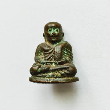 Oud-Indochinese Brons XS Zittend Boeddha Beeldje Kraal