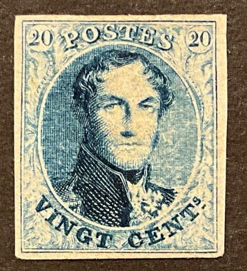 België 1851 - Leopold I Medaillon met watermerk - 20c Blauw, Gestempeld