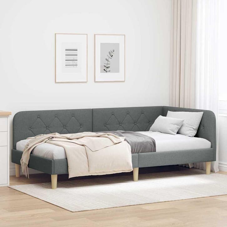 vidaXL Hoekbedframe Donkergrijs 90 x 200 cm Stof, Huis en Inrichting, Slaapkamer | Bedden, Grijs, Nieuw, Stof, Verzenden