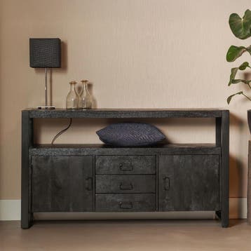 Dressoir Mangohout Britt 140 2 Deuren 3 Lades Zwart, Huis en Inrichting, Verzenden, Nieuw, Overige houtsoorten, Industriële meubels