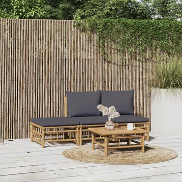 vidaXL 4-delige Loungeset met kussens bamboe donkergrijs, Verzenden, Nieuw, Hout, Loungeset