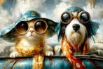 John Joseb Art glasschilderij grappige hond en poes in auto, Oorspronkelijke maker, Verzenden, Nieuw, Schilderij