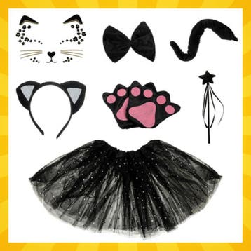 Kruzzel Zwart kattenkostuum – 7-delige set met oren, rok,., Ophalen of Verzenden, Nieuw