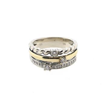 Bicolor ring van goud en zilver, zirconia; 14 karaat; rin..., 18 tot 19, Gebruikt, Ophalen of Verzenden, Met edelsteen