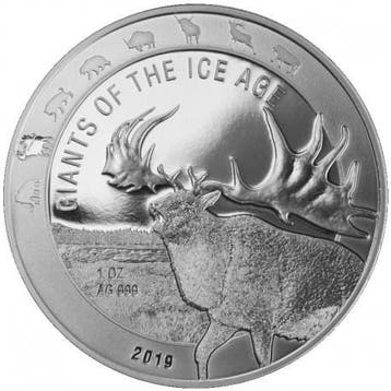 Ghana Giants of the Ice Age 1 oz 2019 Giant Deer, Verzenden, Overige landen, Losse munt, Zilver