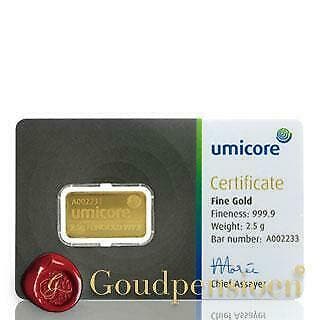 2,5 Gram Umicore Goudbaar met Certificaat 999,9 Puur Goud, Postzegels en Munten, Edelmetalen en Baren, Ophalen of Verzenden, Goud