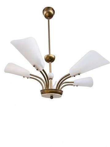 Plafondlamp - Messing, Glas, Hout - Kroonluster met 5