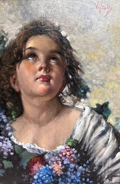 Italiaanse school (XX) - Giovane donna con fiori, Antiek en Kunst, Kunst | Schilderijen | Klassiek