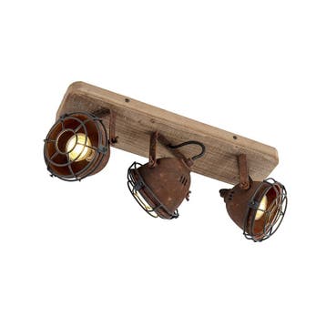 Industriële spot roestbruin met hout kantelbaar 3-lichts -, Huis en Inrichting, Lampen | Spots, Verzenden, Nieuw