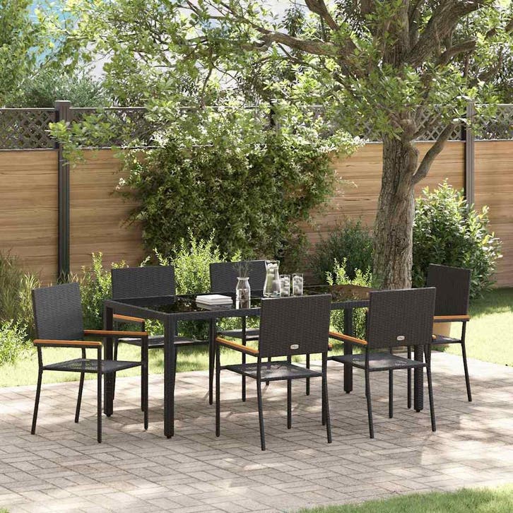 vidaXL Tuin eettafelset 7 pcs Zwart poly rattan, Tuin en Terras, Tuinstoelen, Nieuw, Rotan, Verzenden