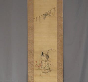 Ebisu met heilig shimenawa-touw - met zegel - Zijde -