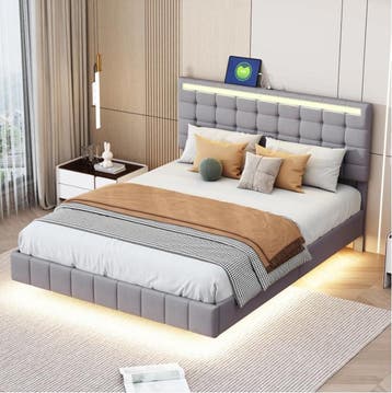 Gestoffeerd Bed 140x200 cm met LED-Verlichting – Grijs, Verzenden, Nieuw