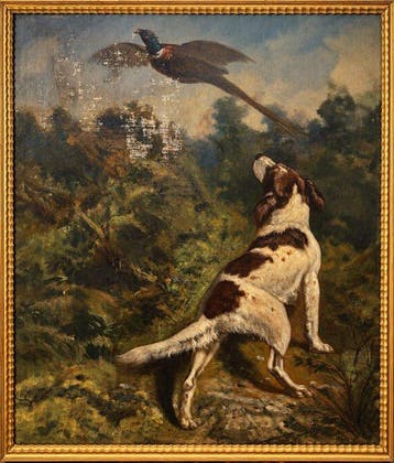 Europese school (XIX) - Chien de chasse à l’arrêt devant un, Antiek en Kunst