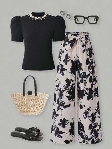 Zomerse Outfit Set Meisjes: Zwart T-shirt met Pareldecoratie, Verzenden, Nieuw