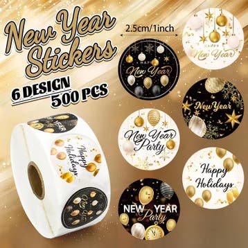Sluitstickers etiketten happy new year goud & zwart rond, Ophalen of Verzenden, Nieuw