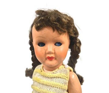 Vintage porseleinen pop met slapende ogen en donkere, Verzenden, Gebruikt