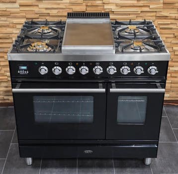 Boretti gasfornuis 90cm hoogglans zwart + rvs 2 ovens Frytop, 60 cm of meer, Zo goed als nieuw, Energieklasse A of zuiniger, Gas