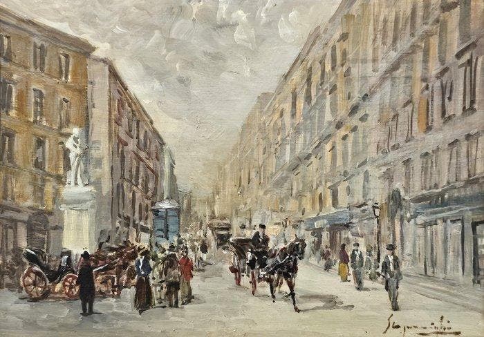 Giuseppe Scognamiglio (1901-1985) - Lungo Via Toledo a, Antiek en Kunst, Kunst | Schilderijen | Klassiek